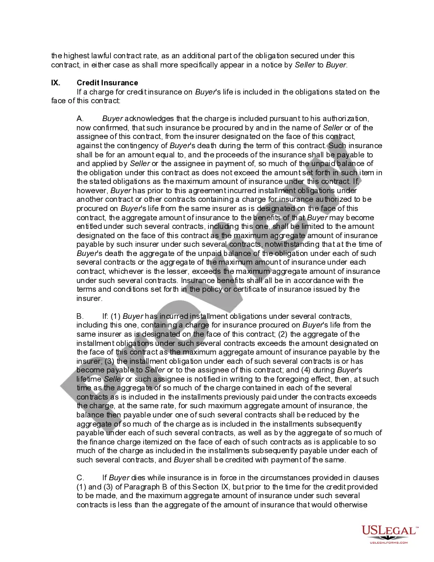 Preview Security Agreement for Retail Installment Sale of Automobile, Car or Motor Vehicle