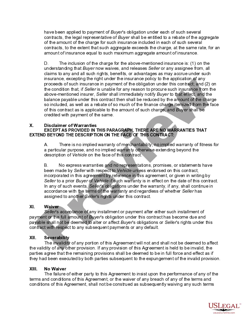 Preview Security Agreement for Retail Installment Sale of Automobile, Car or Motor Vehicle