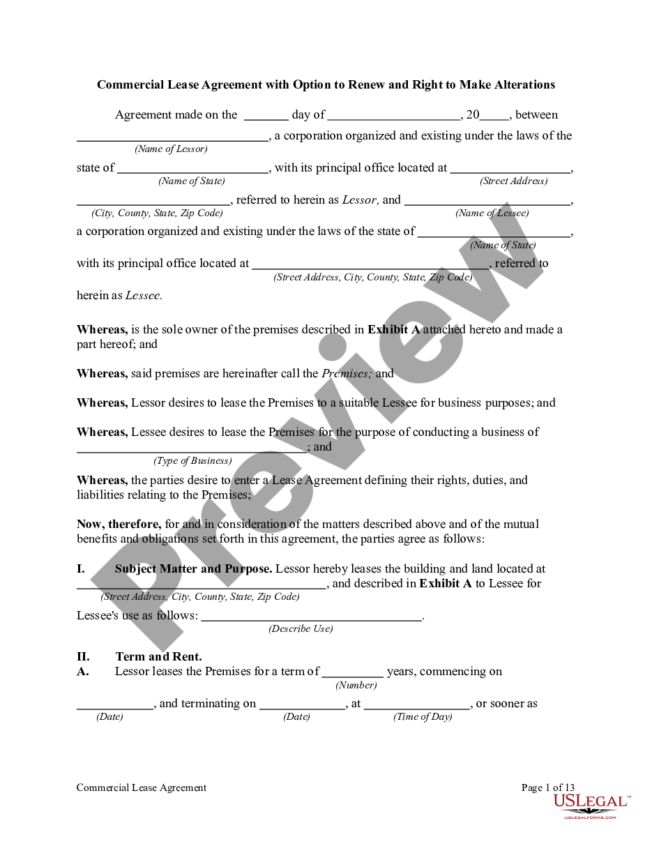 page 0 Commercial Lease Agreement with Option to Renew and Right to Make Alterations preview