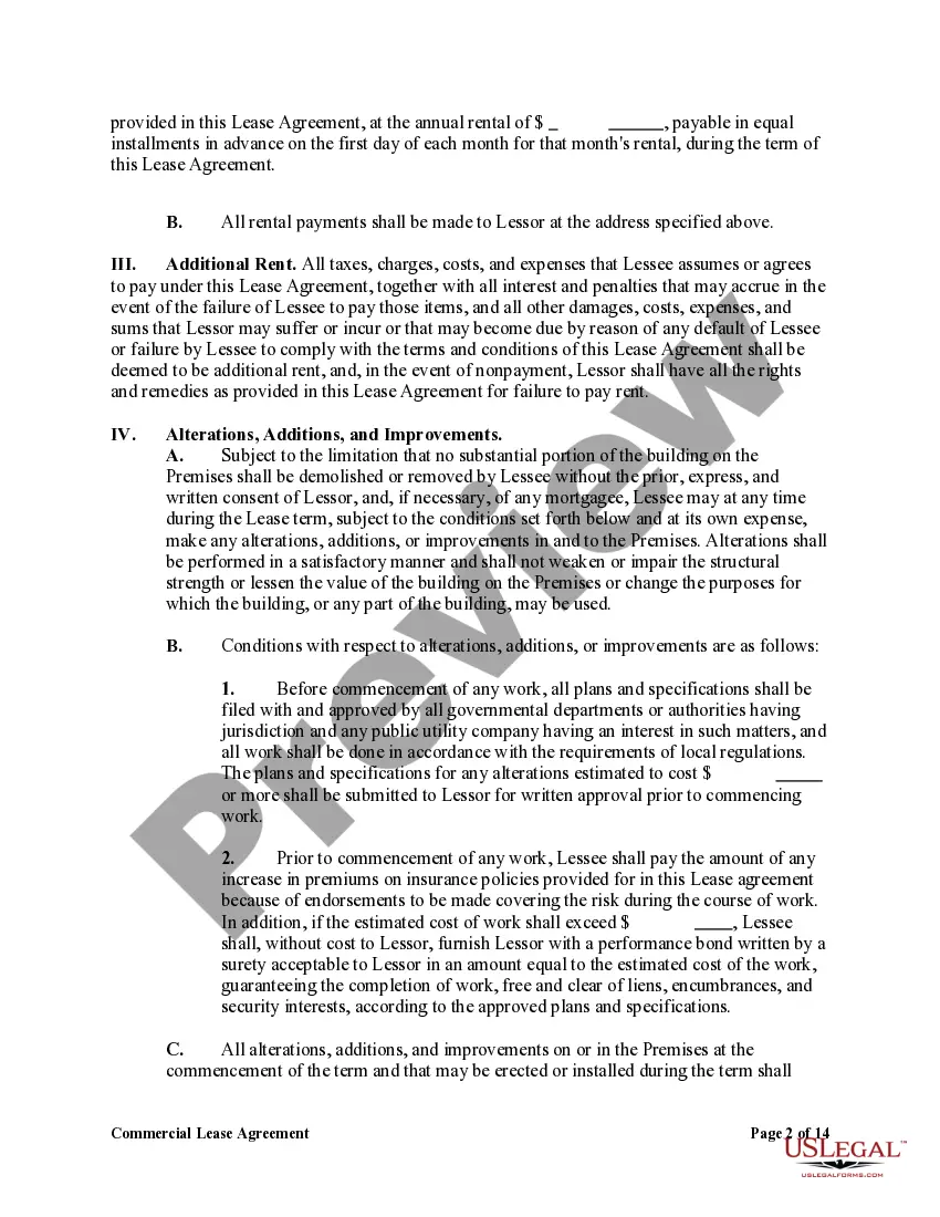 Preview Commercial Lease Agreement with Option to Renew and Right to Make Alterations