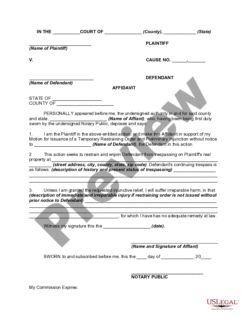 Preview Affidavit Claiming Irreparable Harm in Support of a Motion for Temporary Restraining Order and Preliminary Injunction to restrain and Enjoin Trespass