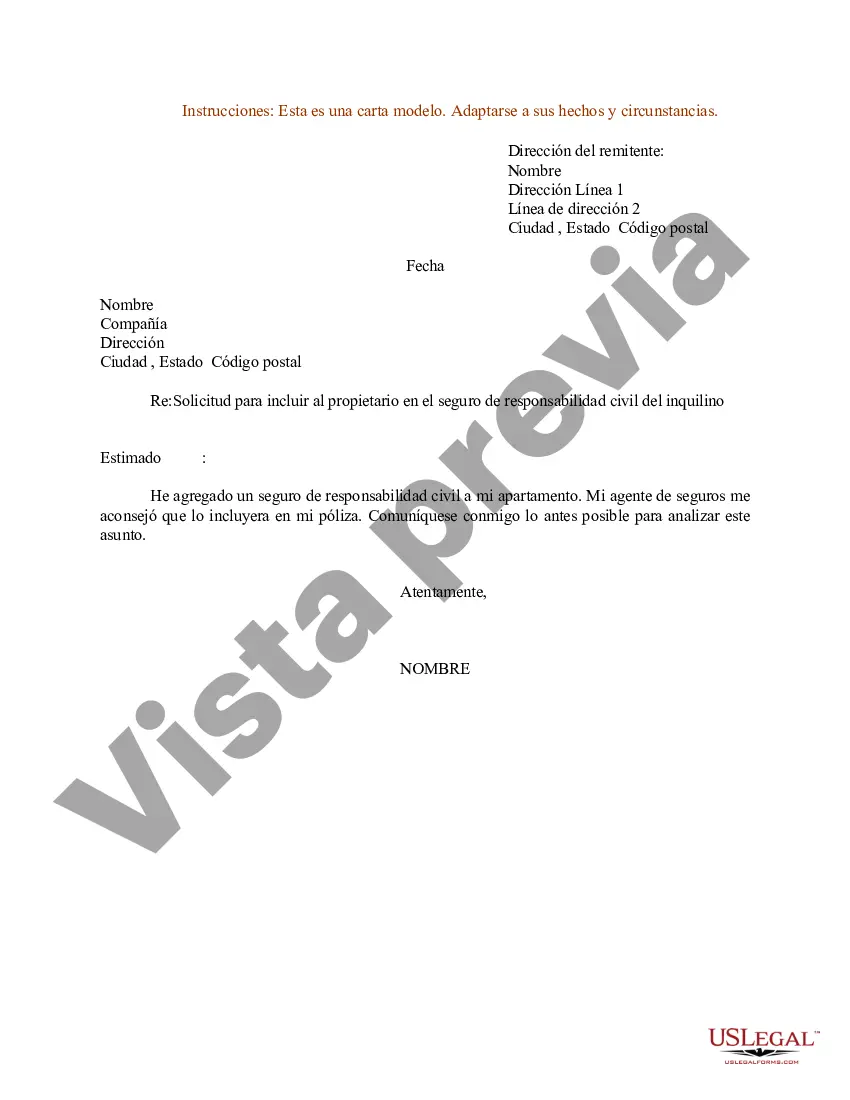 Preview Ejemplo de carta de solicitud para incluir al arrendador en el seguro de responsabilidad civil del arrendatario