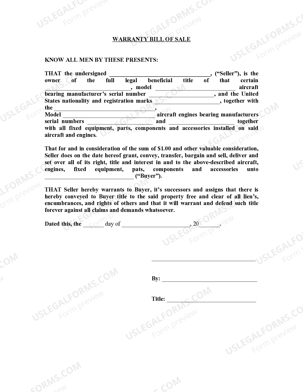 Warranty Bill of Sale US Legal Forms