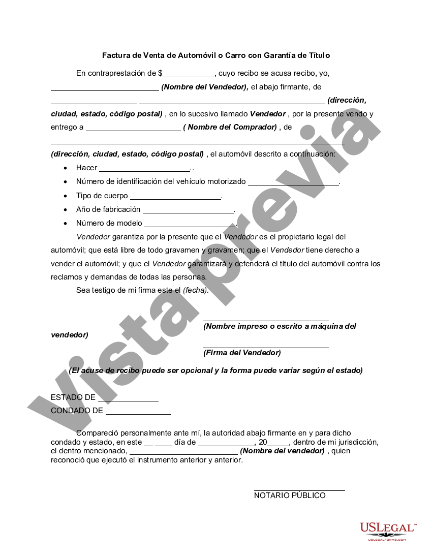 Santa Clara California Factura de Venta de Automóvil o Carro con