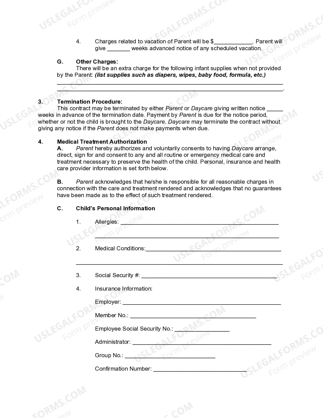 Preview Daycare or Child Care Agreement with Medical Treatment Authorization