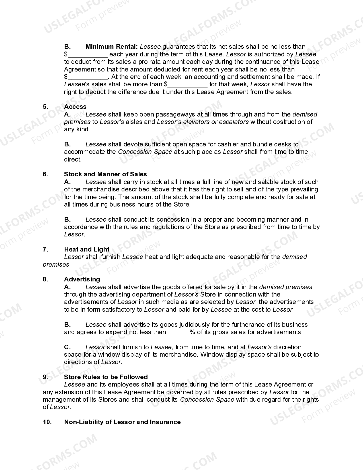 Utah Lease of Concession Space in Department Store US Legal Forms