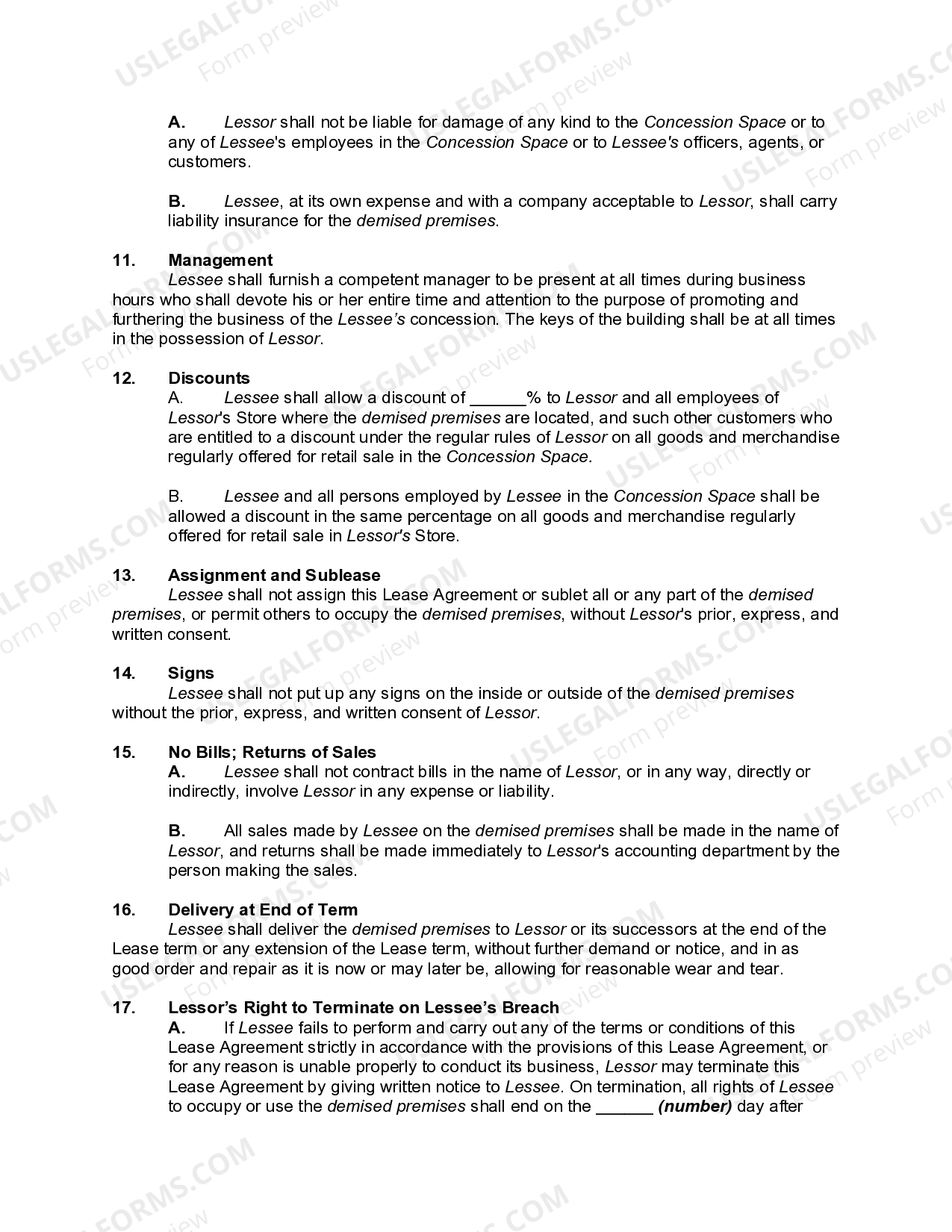 Utah Lease of Concession Space in Department Store US Legal Forms