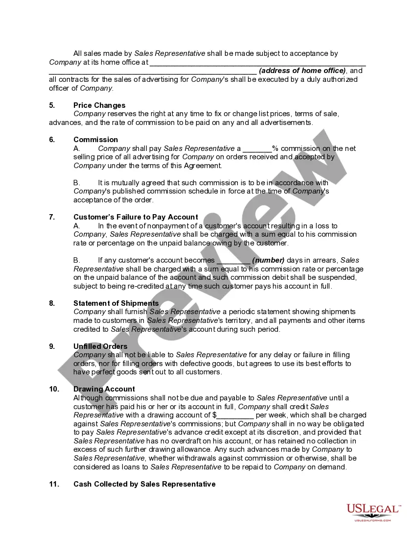 Get Agreement Between Sales Representative and Magazine to Sell Advertising Preview Agreement Between Sales Representative and Magazine to Sell Advertising