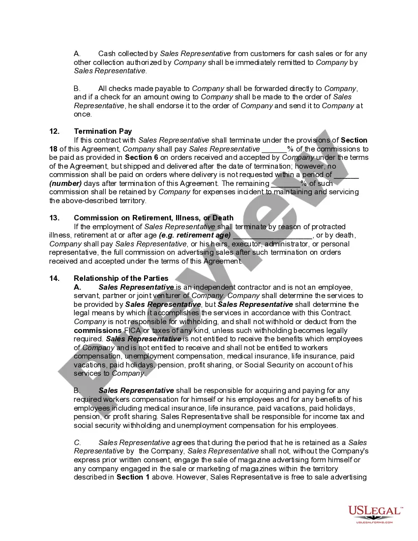 Get Agreement Between Sales Representative and Magazine to Sell Advertising Preview Agreement Between Sales Representative and Magazine to Sell Advertising