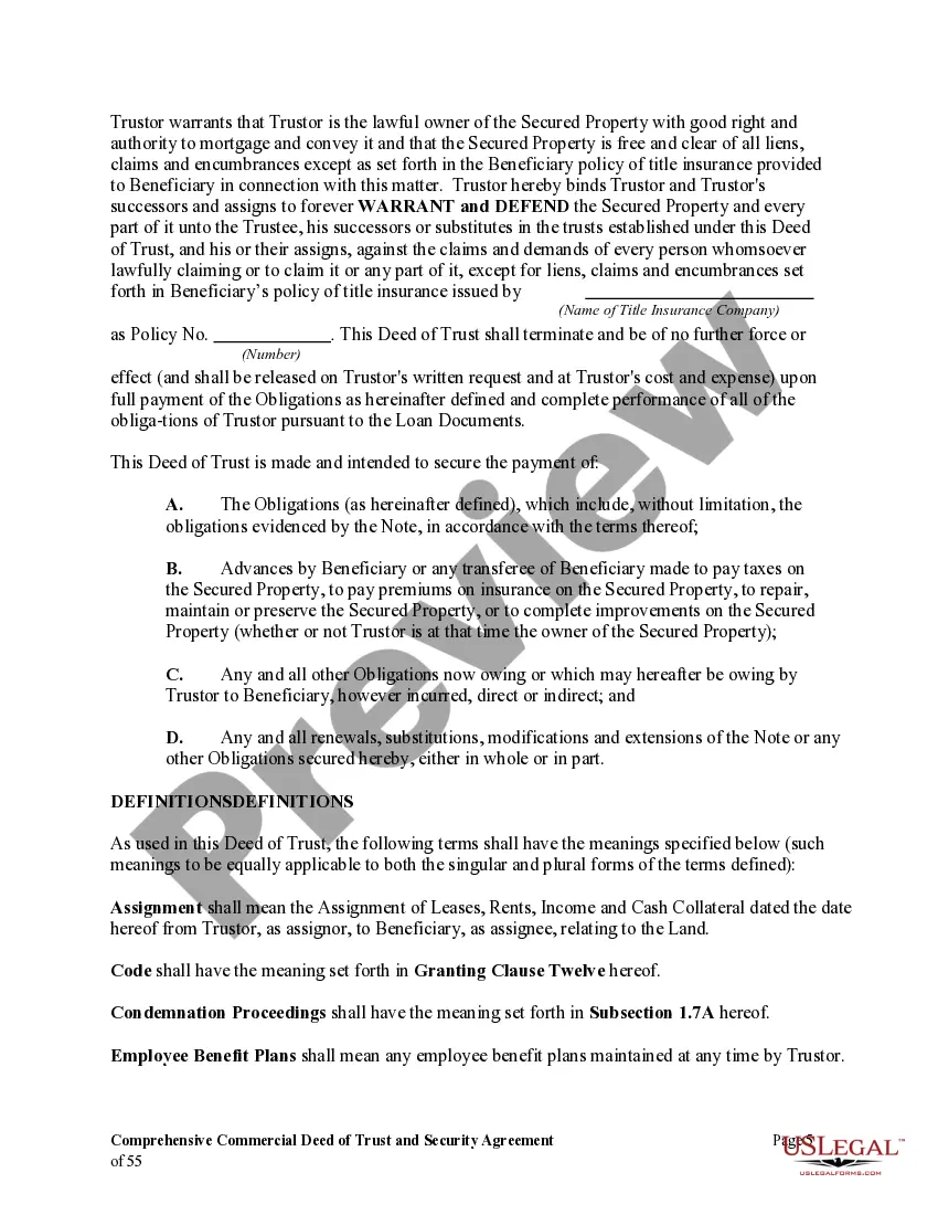 Preview Comprehensive Commercial Deed of Trust and Security Agreement