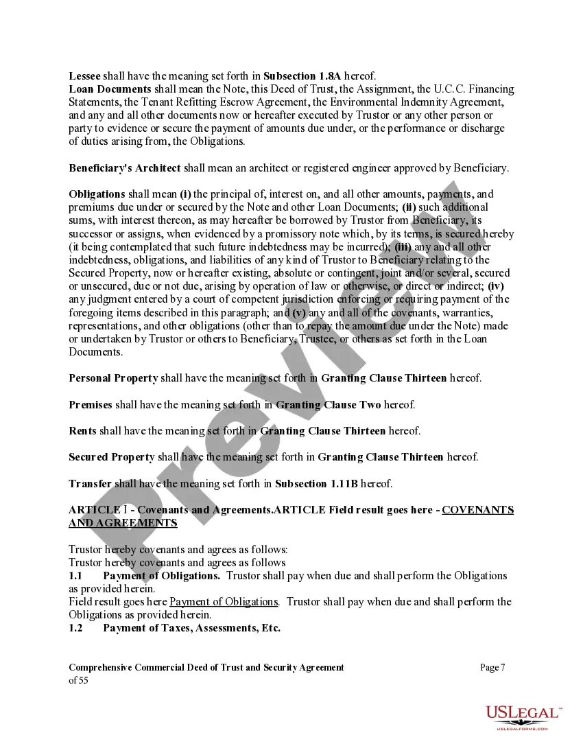 Preview Comprehensive Commercial Deed of Trust and Security Agreement