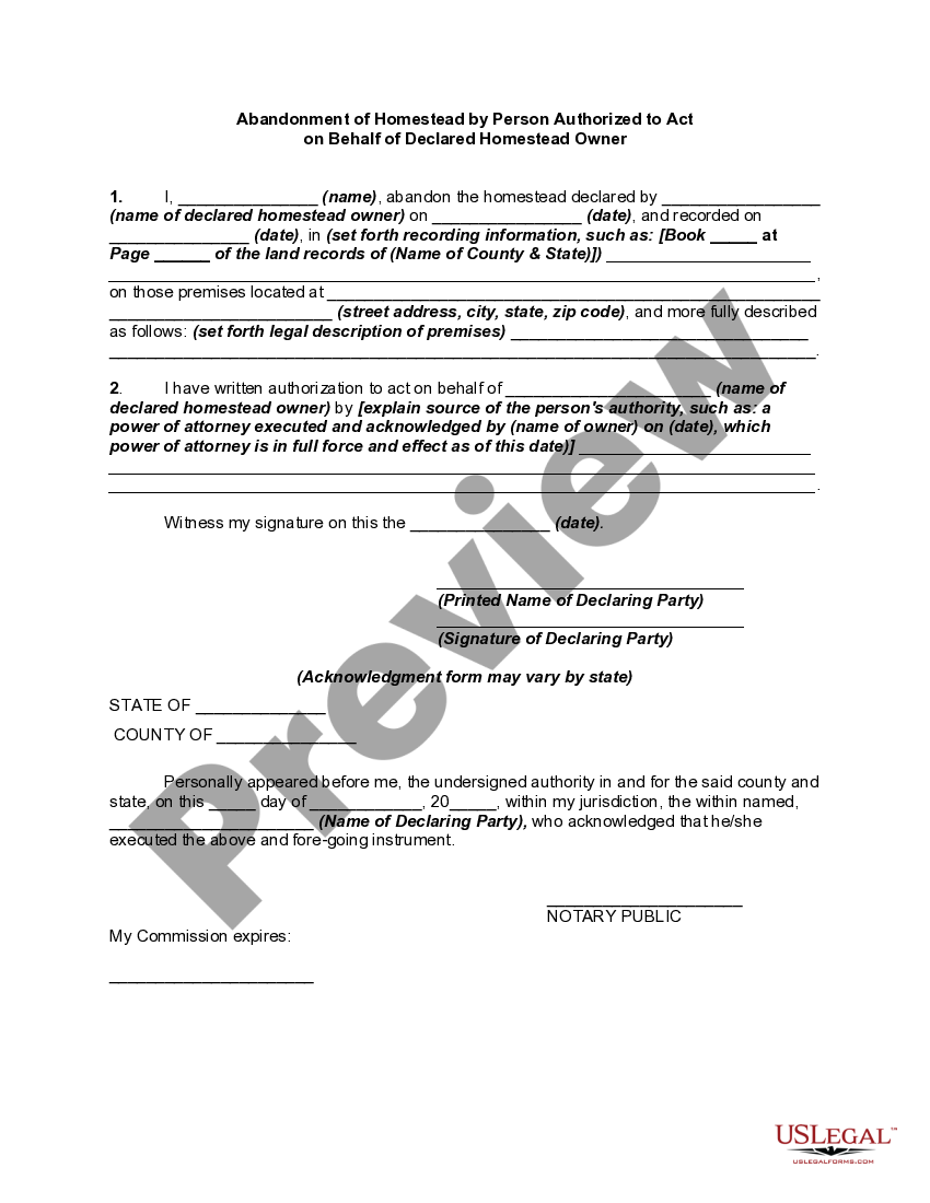 Utah Abandonment of Homestead by Person Authorized to Act on Behalf of