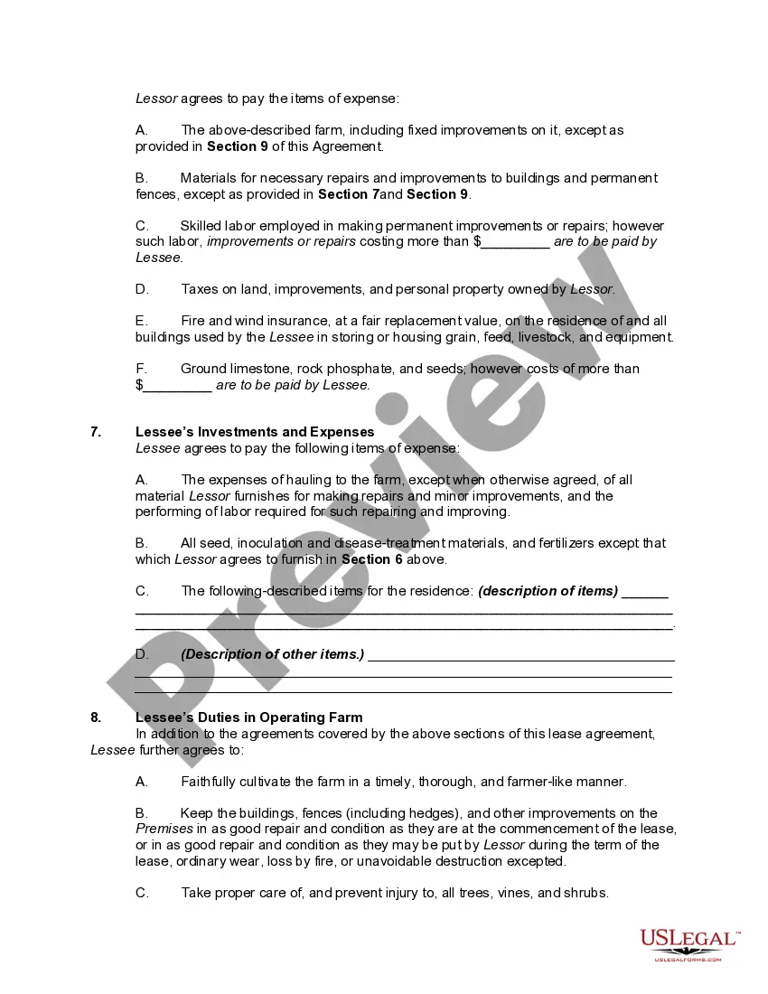 Preview Farm Lease or Rental with Right to Make Improvements and Receive Reimbursements