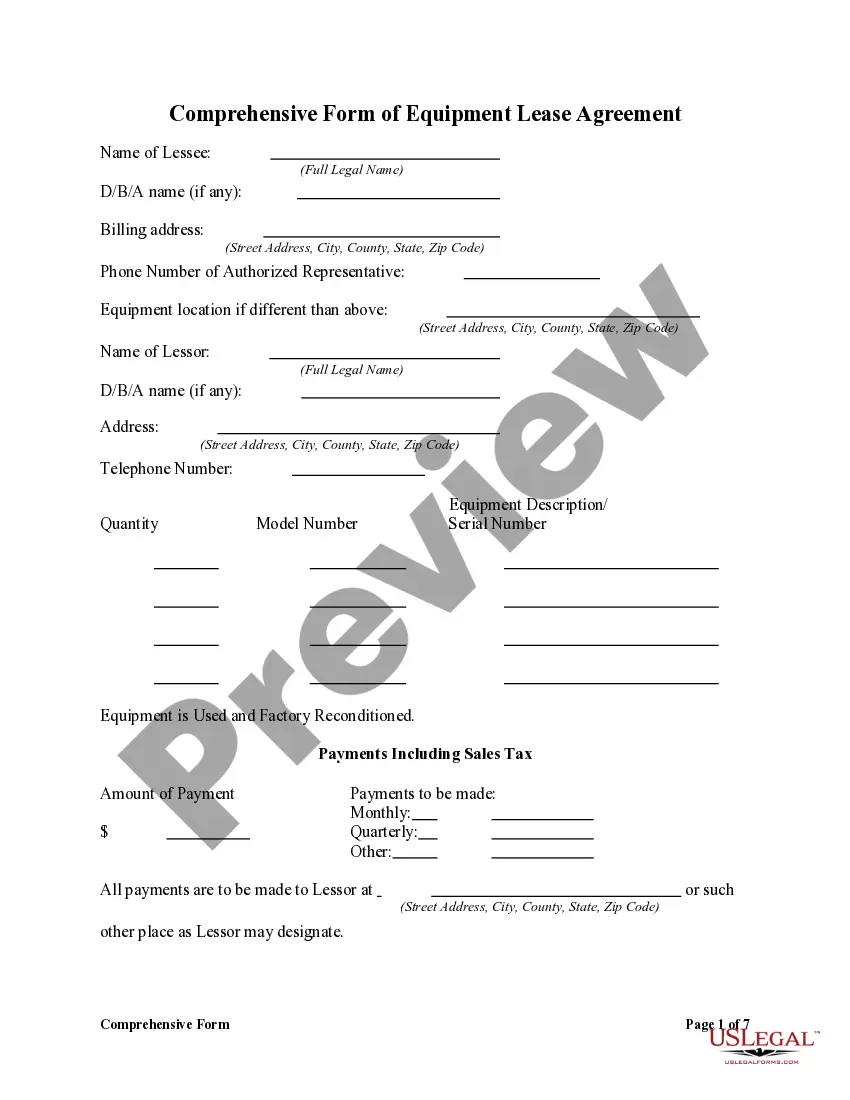 Preview Comprehensive Form of Equipment Lease Agreement