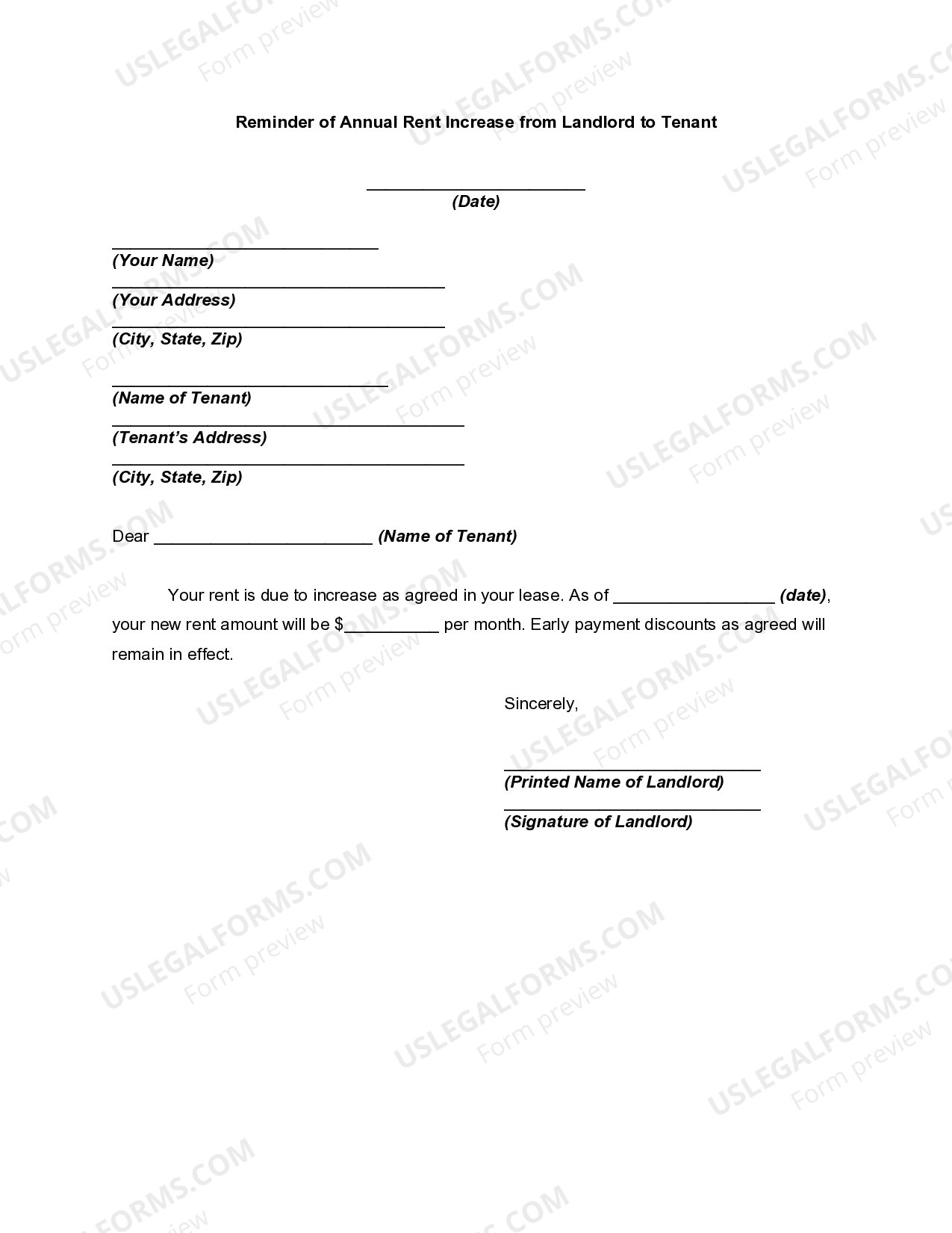 Maine Reminder of Annual Rent Increase from Landlord to Tenant Rent Increase Reminder Letter