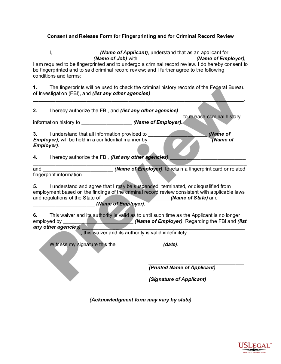 Indiana Consent And Release Form For Fingerprinting And For Criminal Record Review Release 4373