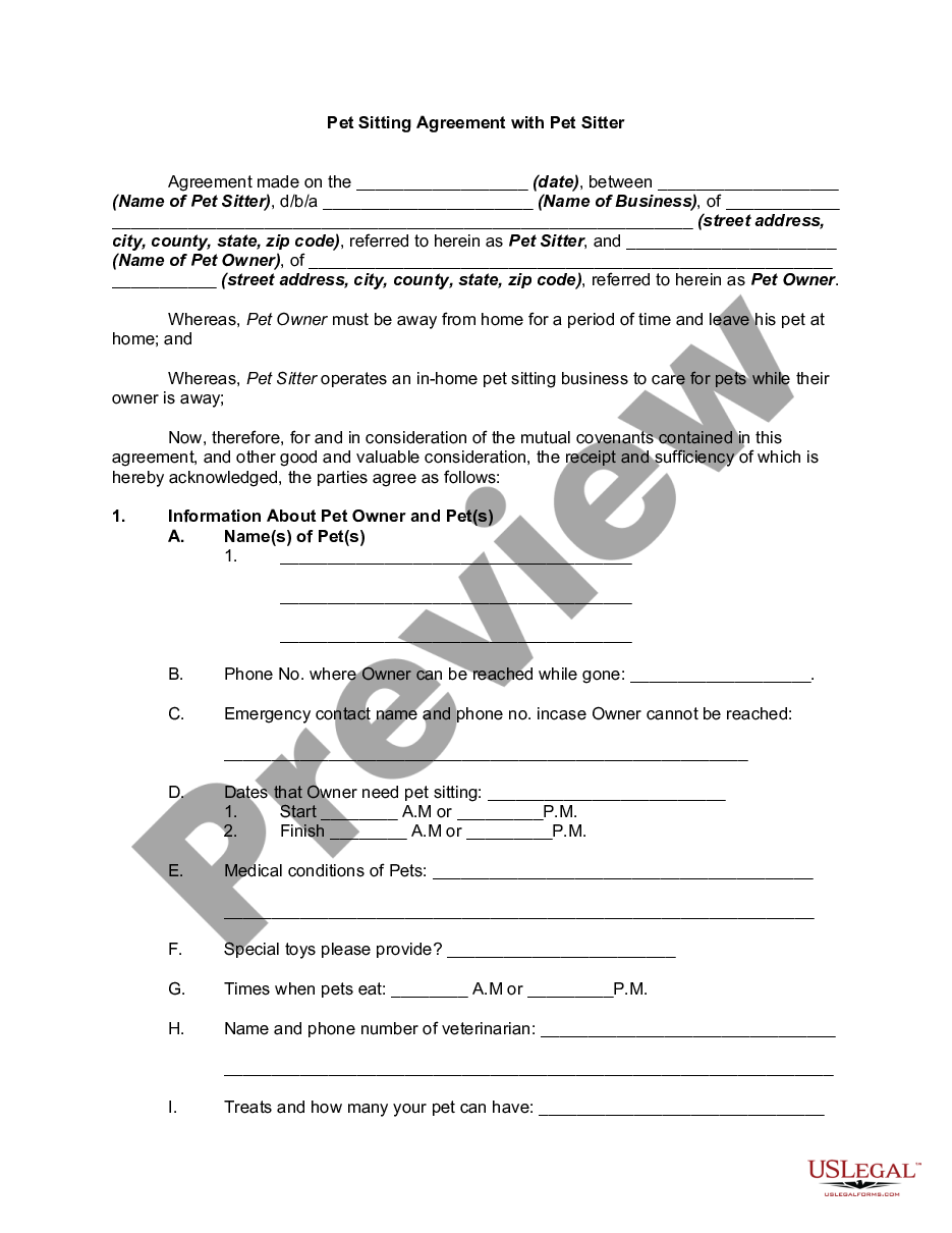 Florida Pet Sitting Agreement with Pet Sitter SelfEmployed Pet