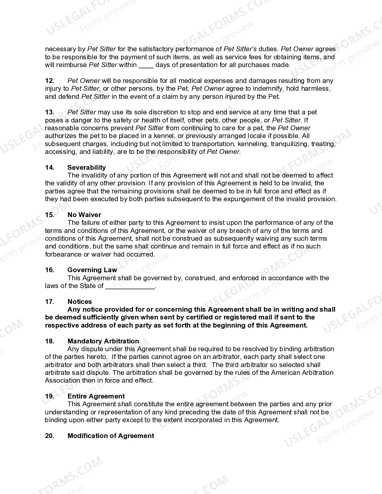 Preview Pet Sitting Agreement with Pet Sitter - Self-Employed