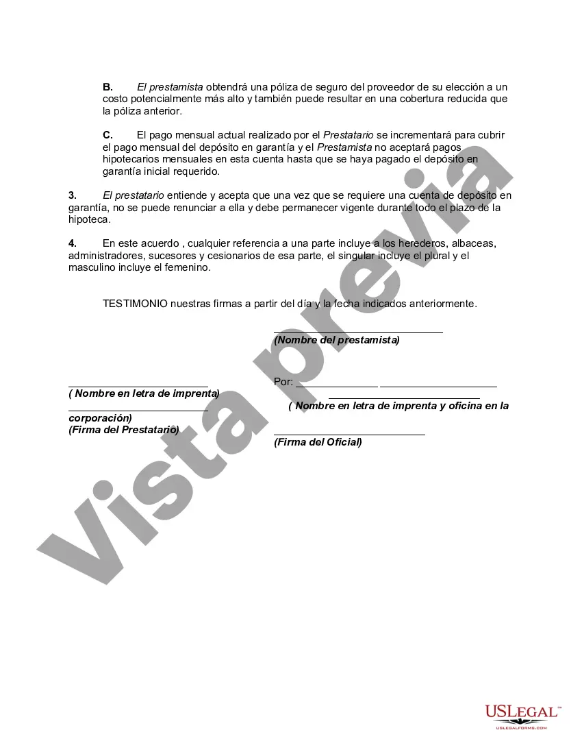 Preview Acuerdo para el Pago Directo de Impuestos, Tasaciones y/o Seguros y Renuncia de Custodia a cargo del Prestamista