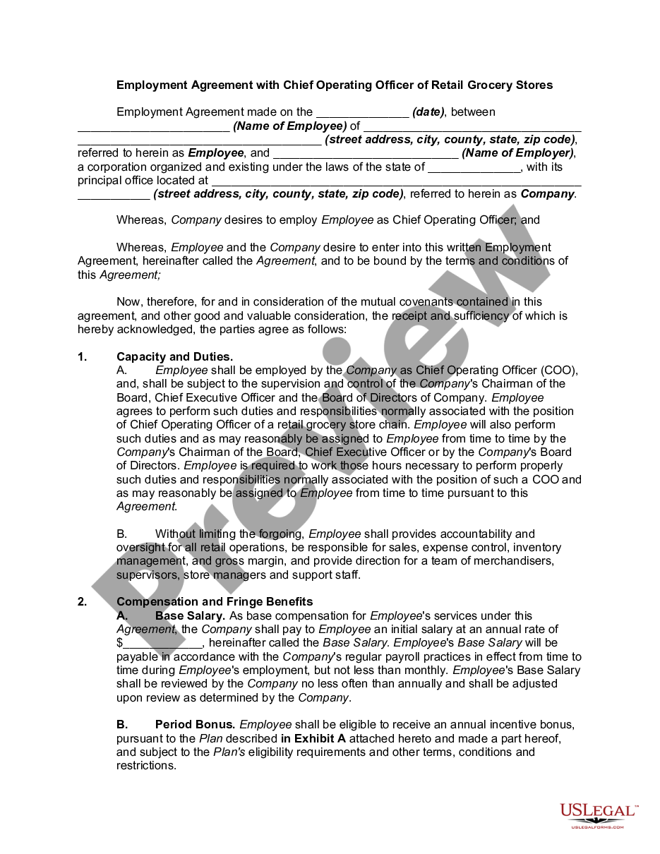 page 0 Employment Agreement with Chief Operating Officer of Retail Grocery Stores preview