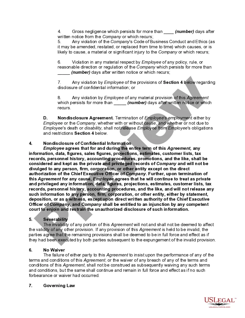 Preview Employment Agreement with Chief Operating Officer of Retail Grocery Stores