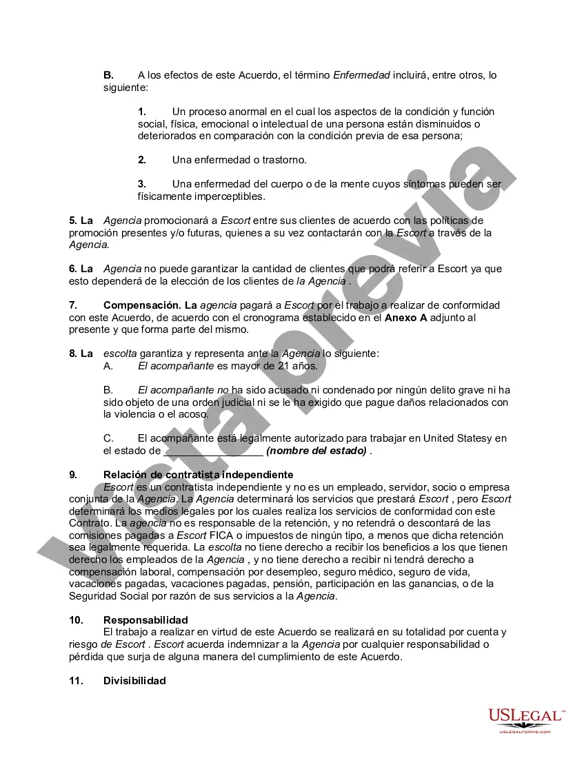 Preview Acuerdo de contratista independiente entre la agencia de acompañantes y acompañantes
