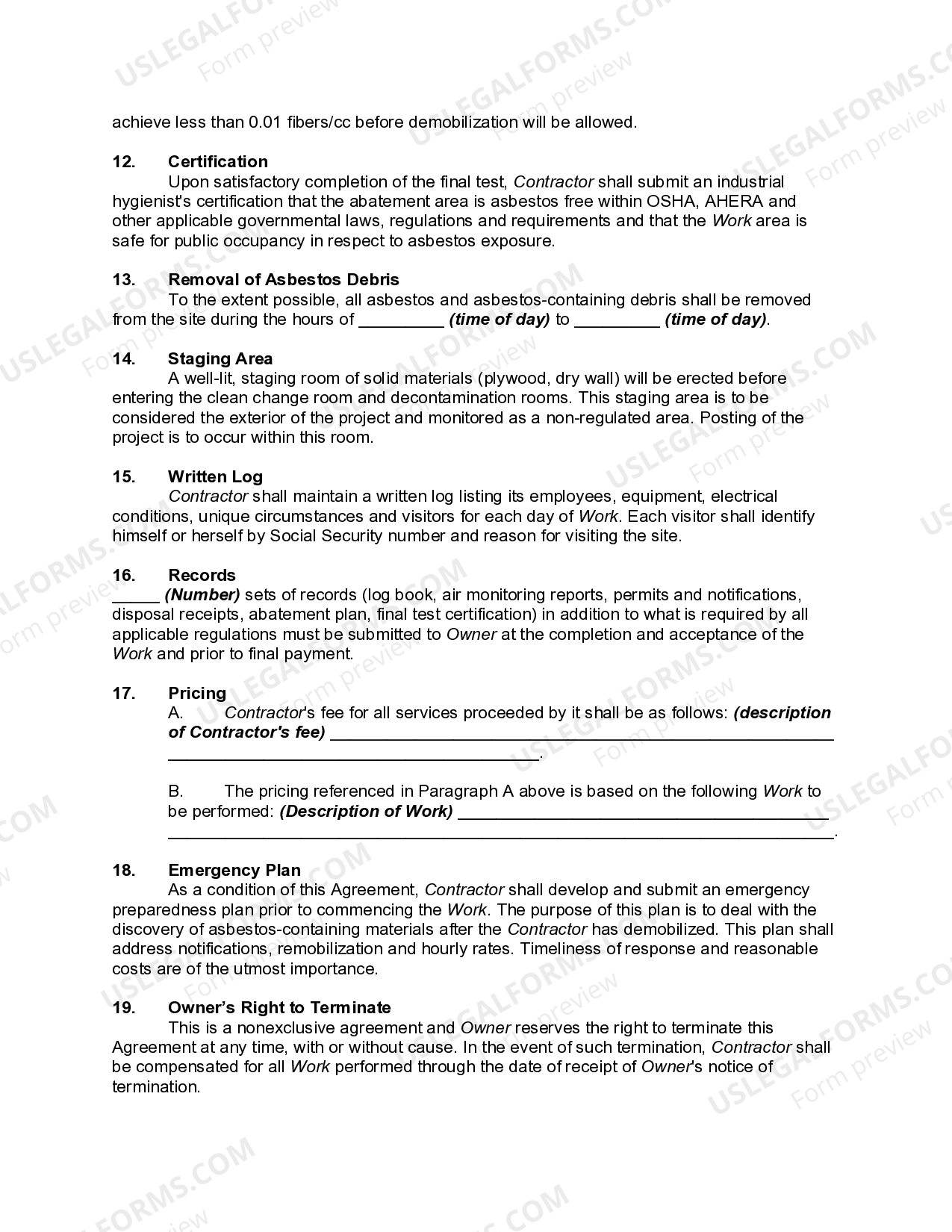 Asbestos Removal and Remediation Agreement Asbestos Agreement US