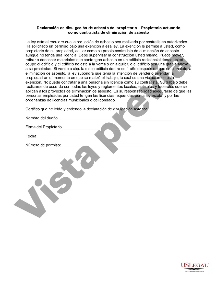 Preview Declaración de divulgación de asbesto del propietario - Propietario que actúa como contratista de eliminación de asbesto