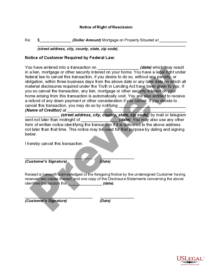 Get Right to rescind when security interest in consumer's principal dwelling is involved - Rescission Preview Right to rescind when security interest in consumer's principal dwelling is involved - Rescission