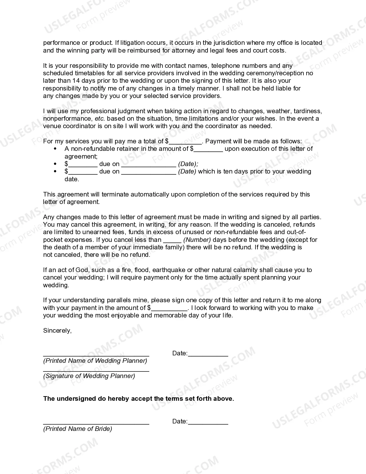 Preview Letter Agreement with Wedding Consultant, Planner or Coordinator - Self-Employed