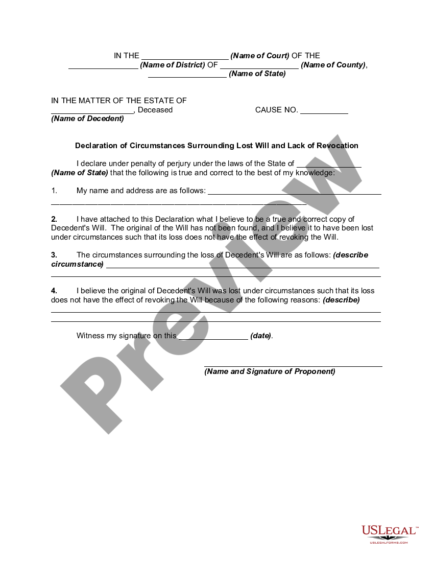 Oregon Declaration of Circumstances Surrounding Lost Will and Lack of ...