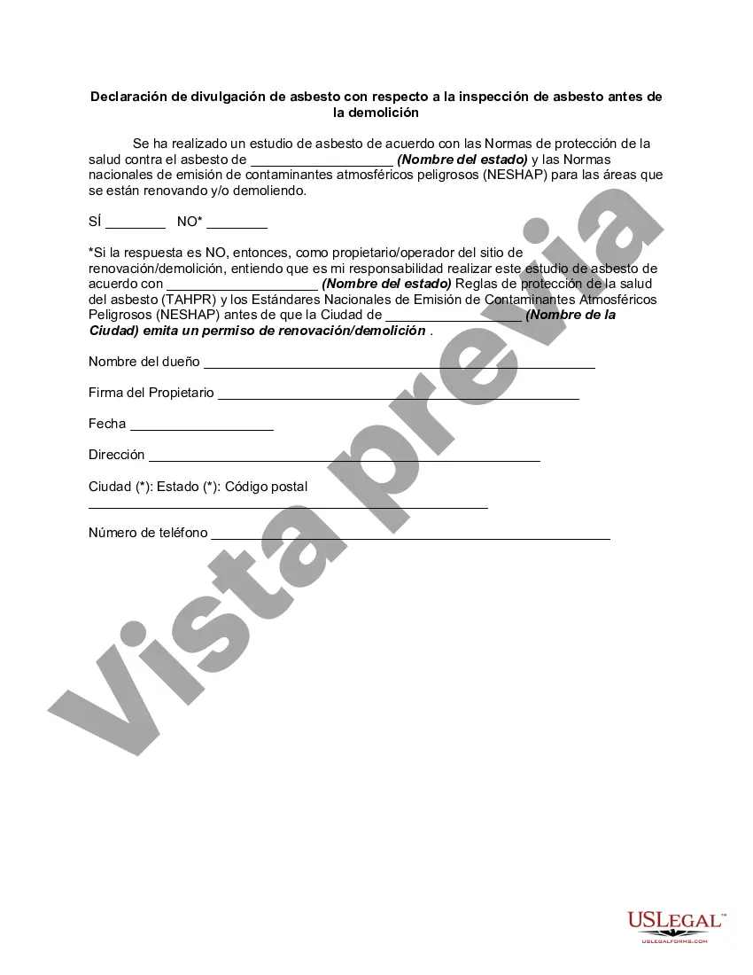 Preview Declaración de divulgación de asbesto con respecto a la inspección de asbesto antes de la demolición