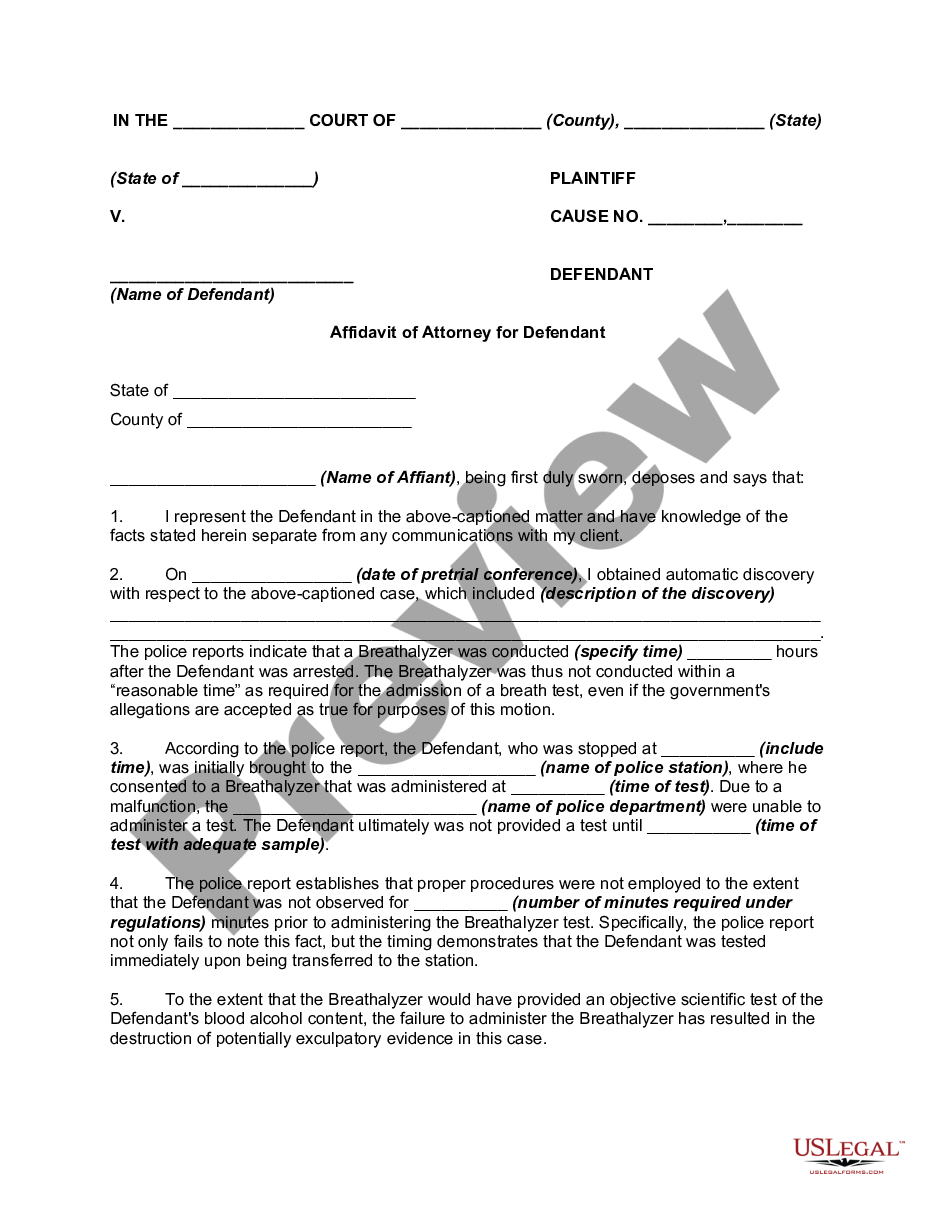 form Affidavit in Support of Motion to dismiss for Failure to follow Breathalyzer Protocols - DUI preview