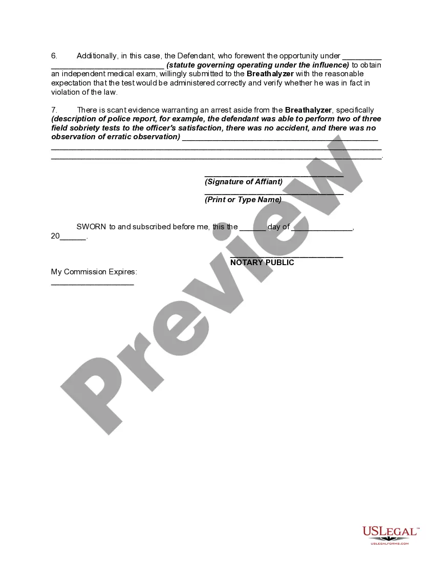 Get Affidavit in Support of Motion to dismiss for Failure to follow Breathalyzer Protocols - DUI Preview Affidavit in Support of Motion to dismiss for Failure to follow Breathalyzer Protocols - DUI