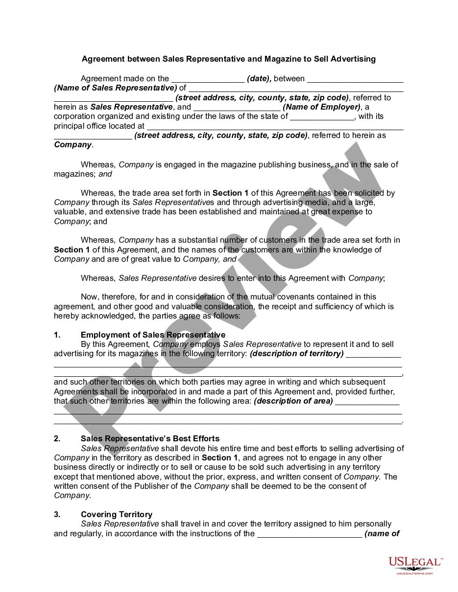 page 0 Agreement Between Sales Representative and Magazine to Sale Advertising preview