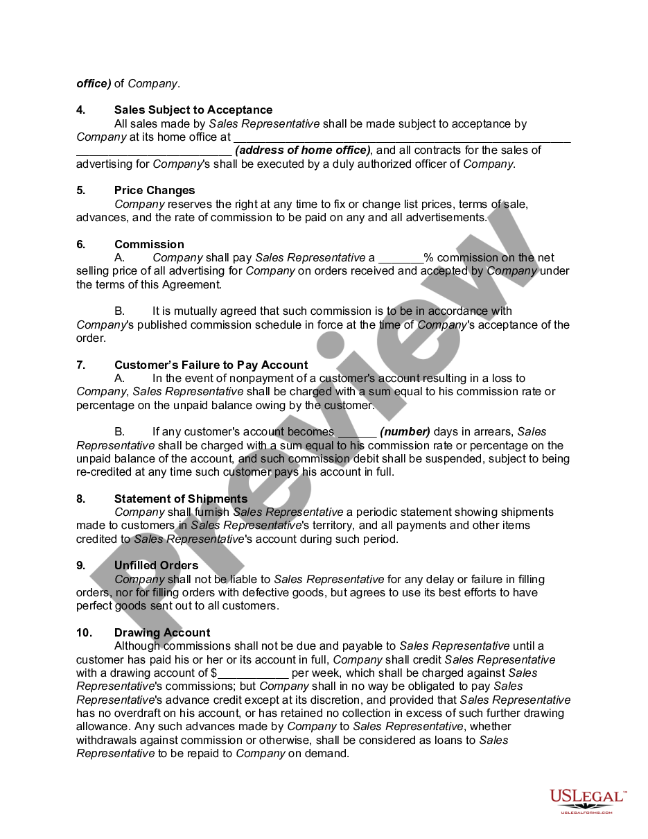 page 1 Agreement Between Sales Representative and Magazine to Sale Advertising preview
