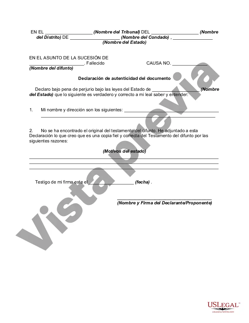 Get Declaración de autenticidad de la copia del testamento perdido cuando se pierde el testamento original: testamento perdido Preview Declaración de autenticidad de la copia del testamento perdido cuando se pierde el testamento original: testamento perdido