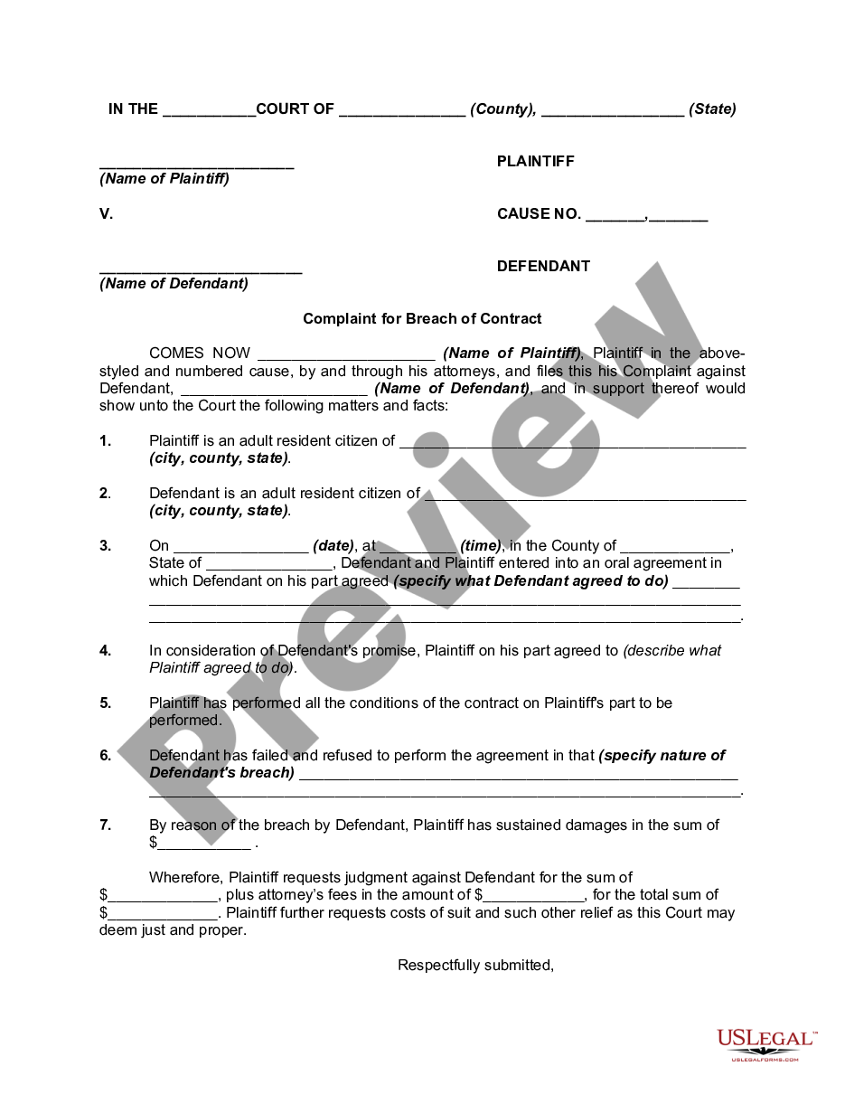 page 0 General Form of Complaint for Breach of Oral Contract preview