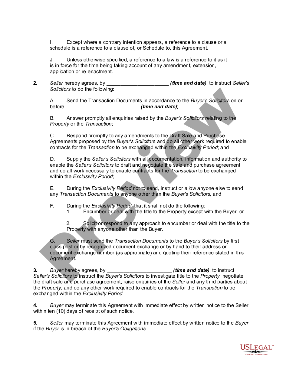 page 1 Exclusive or Exclusivity Agreement Between Buyer and Seller preview