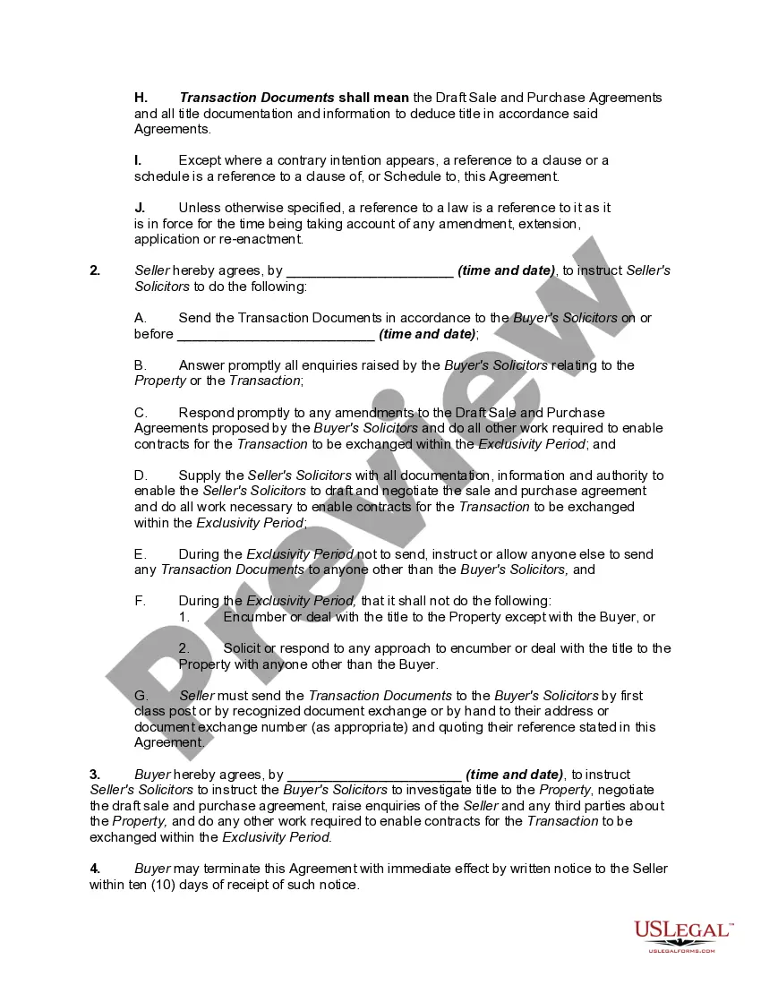 Preview Exclusive or Exclusivity Agreement Between Buyer and Seller