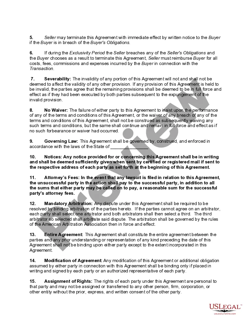 Preview Exclusive or Exclusivity Agreement Between Buyer and Seller