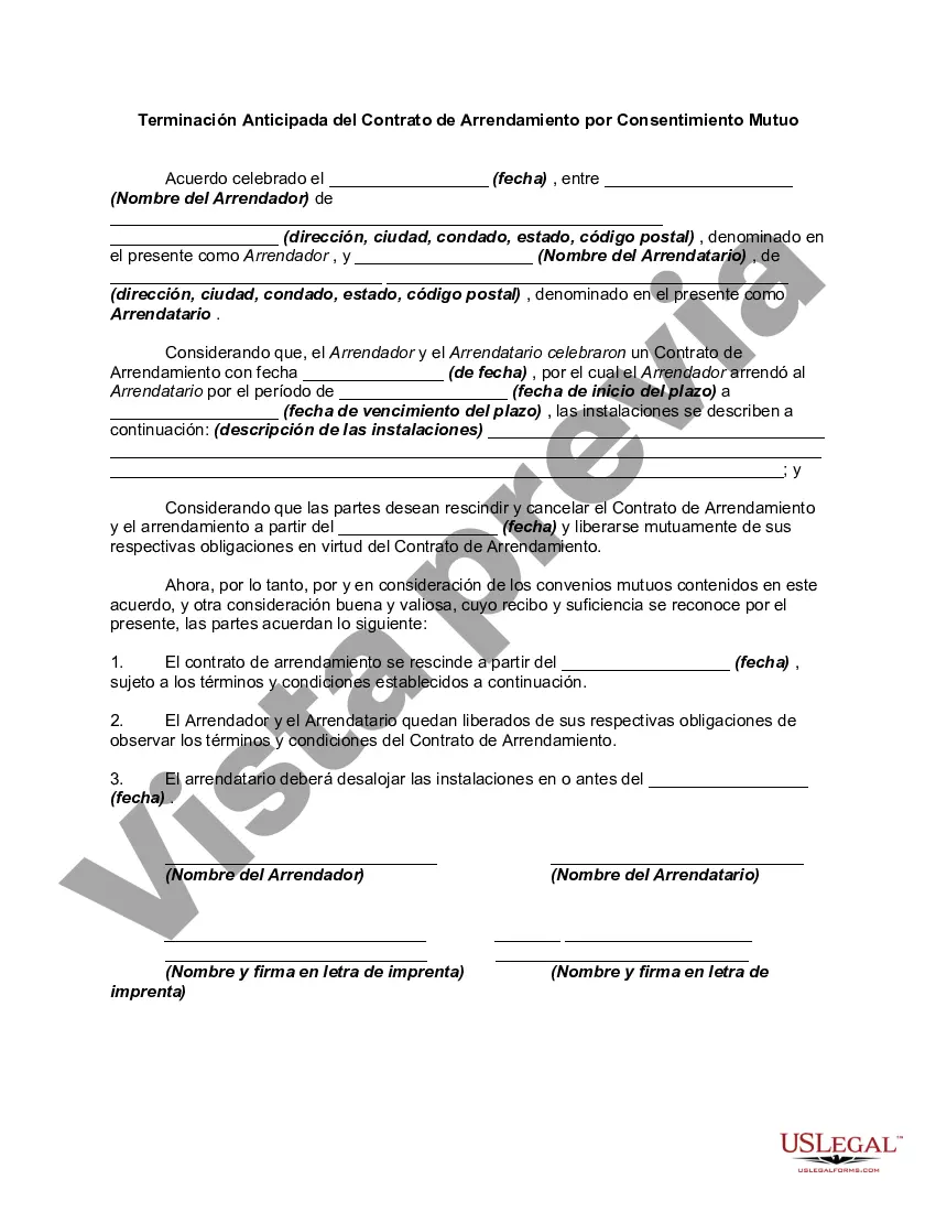 Preview Terminación Anticipada del Contrato de Arrendamiento o Alquiler por Consentimiento Mutuo