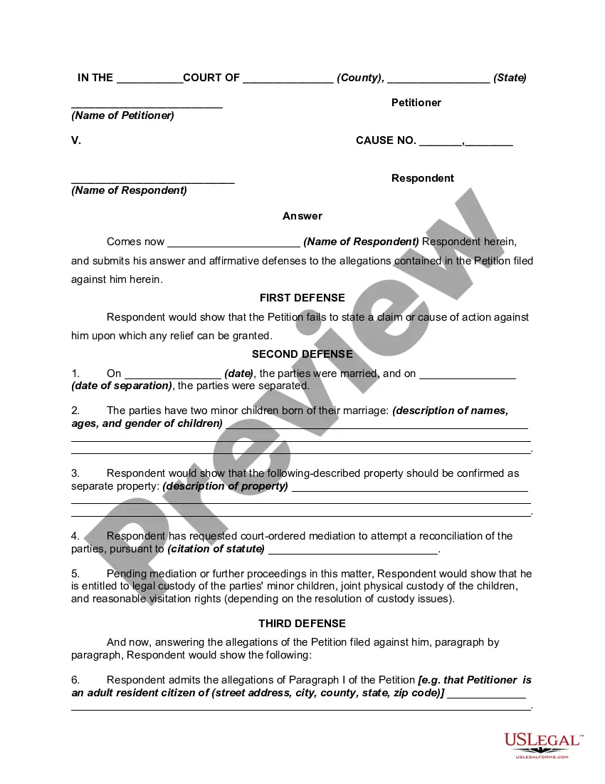 Answer or Response to Petition or Complaint for Dissolution of Marriage