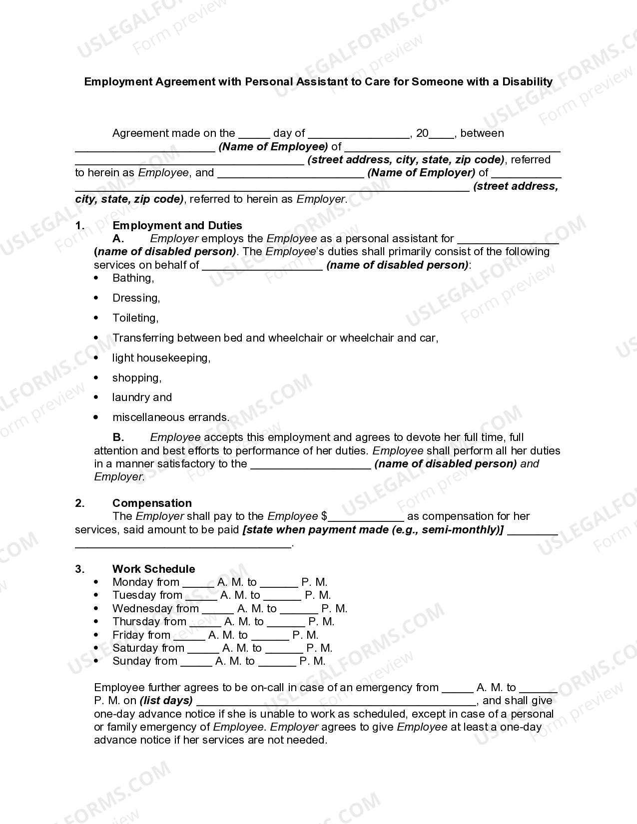 Utah Employment Agreement with Personal Assistant to Care for Someone
