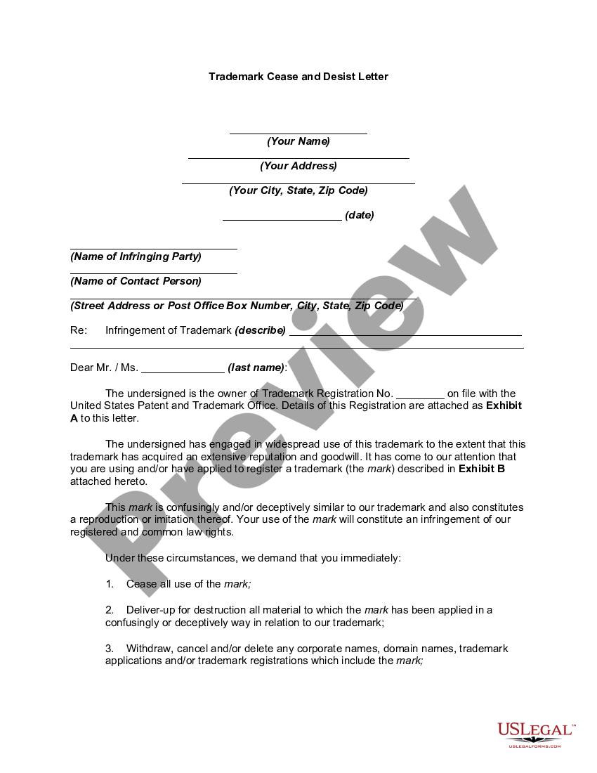 Trademark Cease and Desist Letter - Cease Desist | US Legal Forms