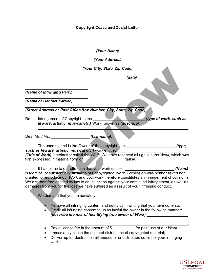 Copyright Cease And Desist Letter Cease Desist Letter Form Us Legal Forms 8790