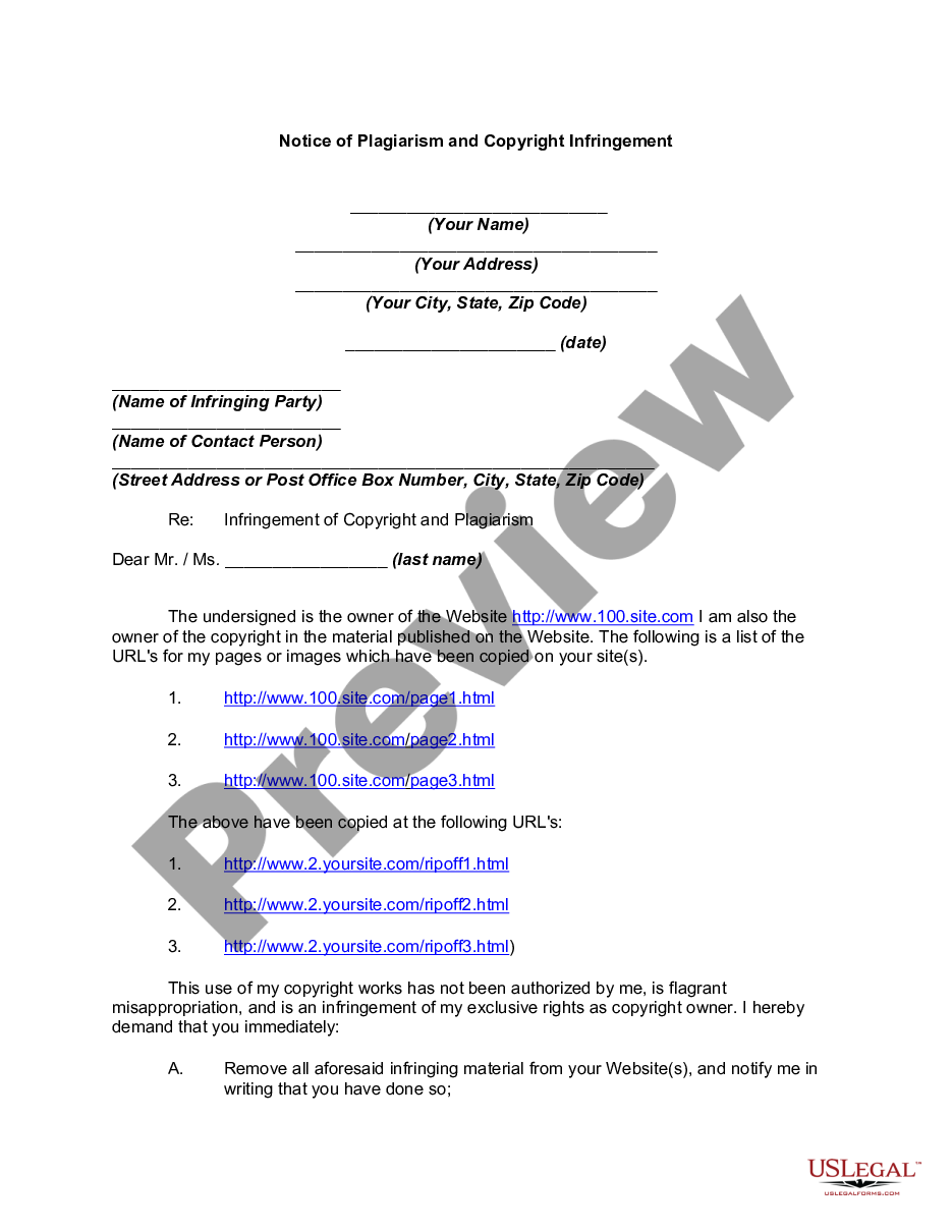 form Notice of Plagiarism and Copyright Infringement preview