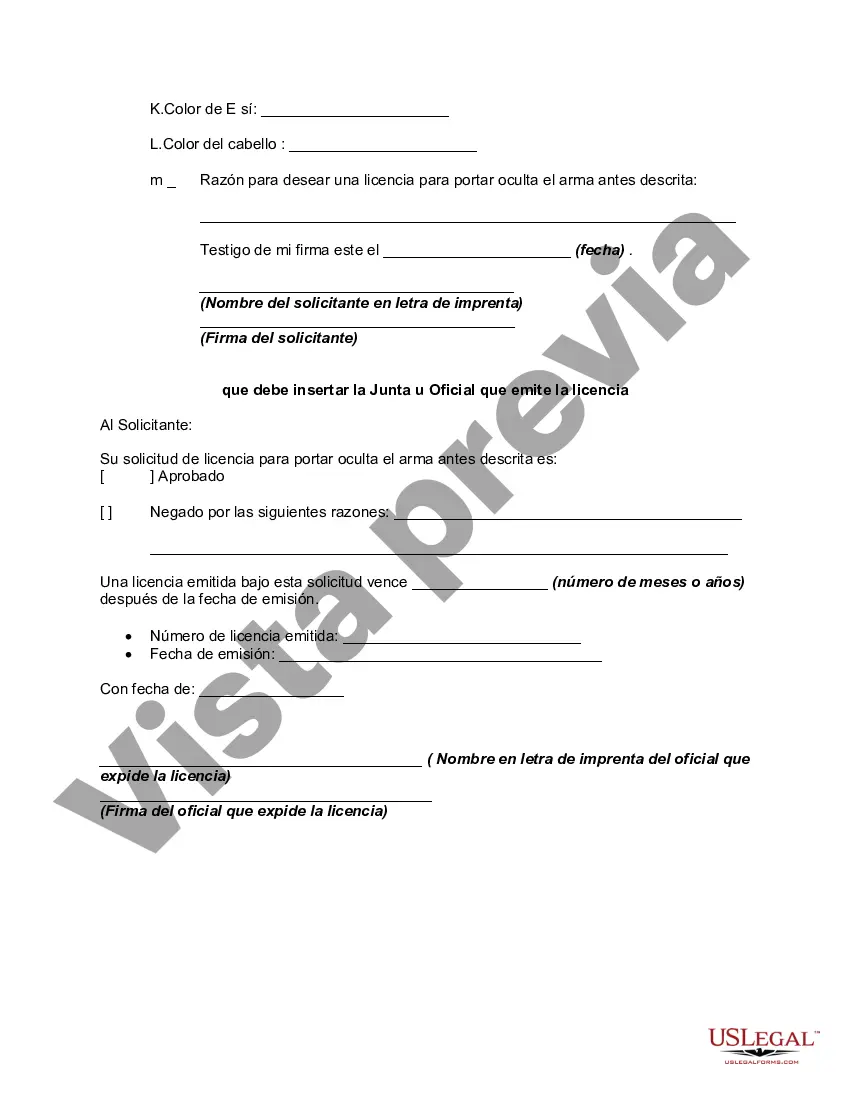 Preview Solicitud para portar un arma oculta, pistola, revólver u otra arma de fuego