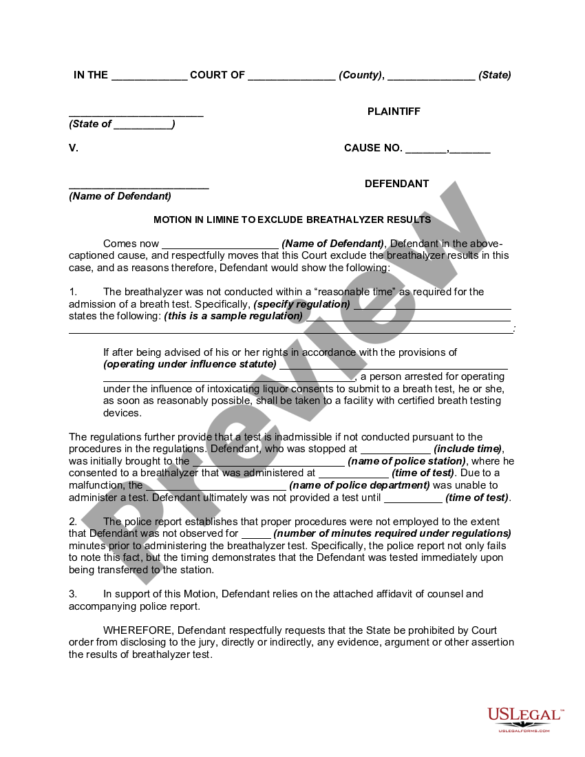 Motion In Limine to Exclude Breathalyzer Results for Failure to Follow ...