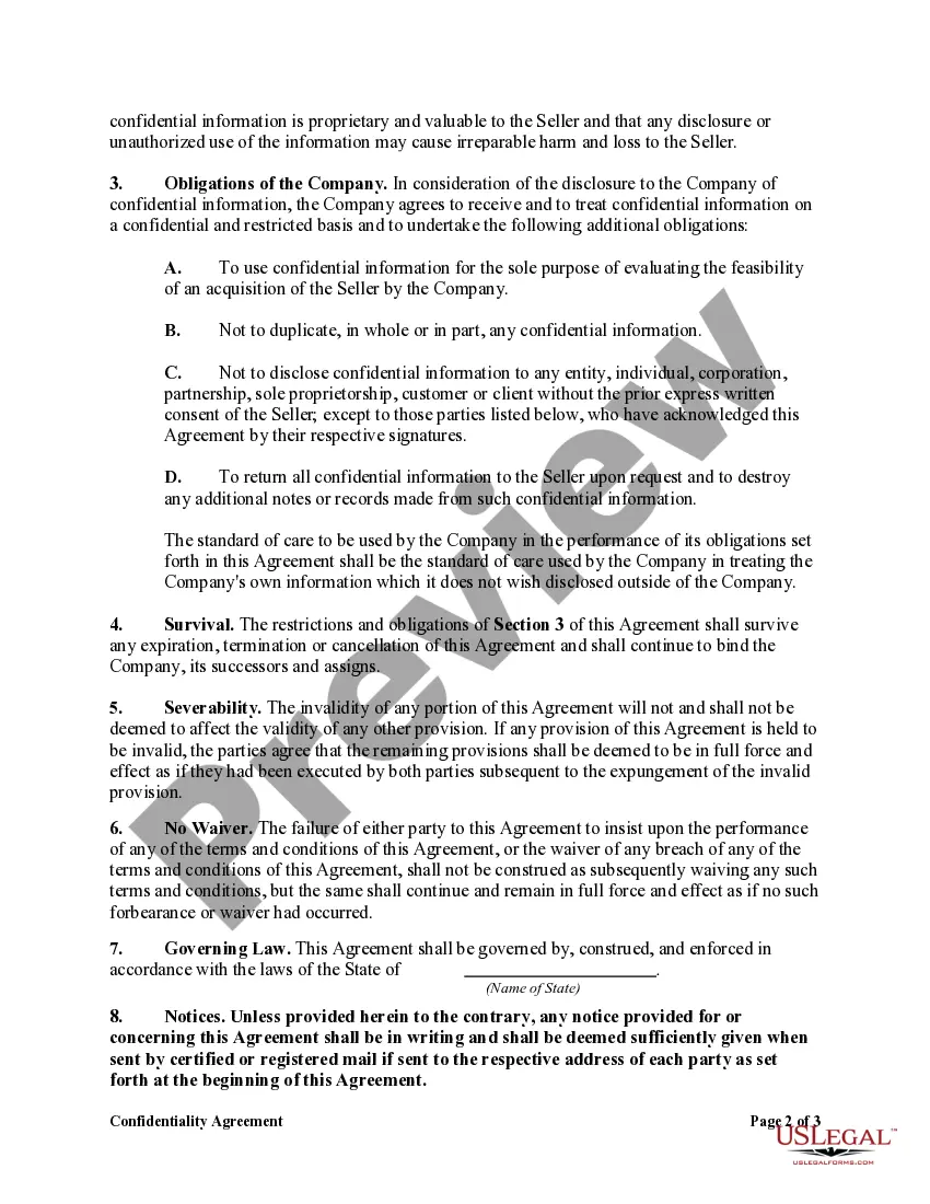 Get Confidentiality Agreement Related to Proposed Purchase of Corporate Business through Purchase of Stock Preview Confidentiality Agreement Related to Proposed Purchase of Corporate Business through Purchase of Stock